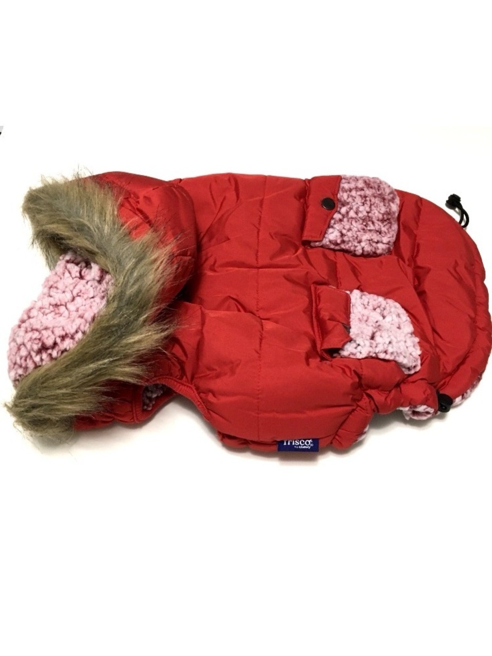 Frisco L Dog Winter Coat Red Parka Faux Fur Trim Hood Faux Sherpa Lined Jacket